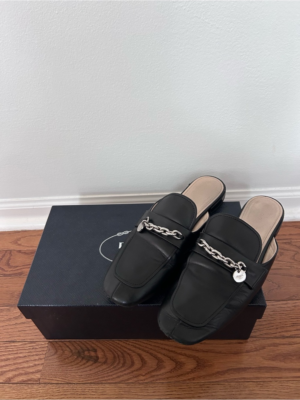 Prada Black Chain-Accent Backless Loafers